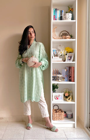 Mint Green Chikan Shirt with Puff Sleeves